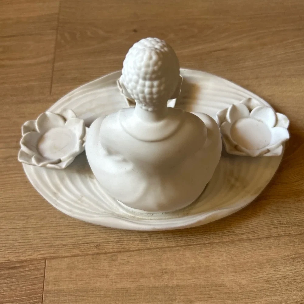 PartyLite White Bisque Porcelain Buddha Garden Lotus Votive Candle Holder P91104